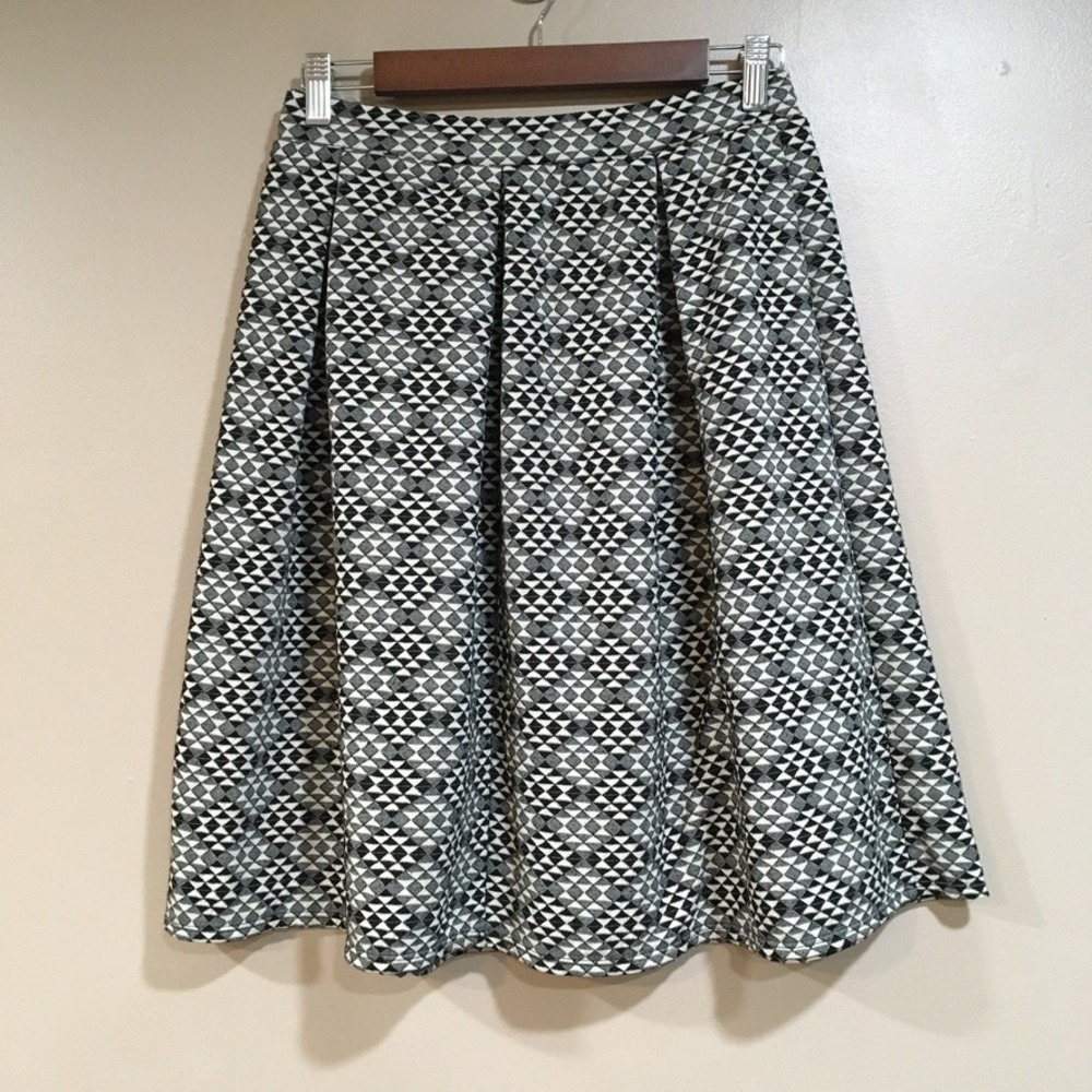 Geometric Pleated Skater Skirt Womens L Black White Mod Retro Twee Academia Work